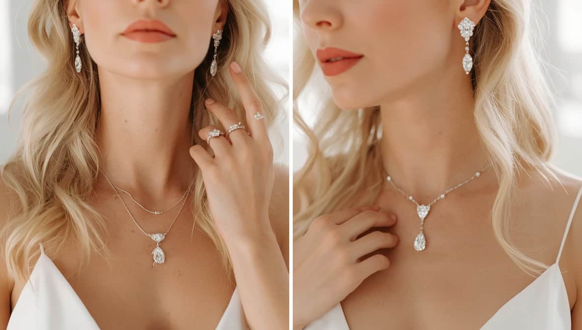 Blonde Braut mit modernem Diamantschmuck – Collier, Ohrringe und Ring kombiniert