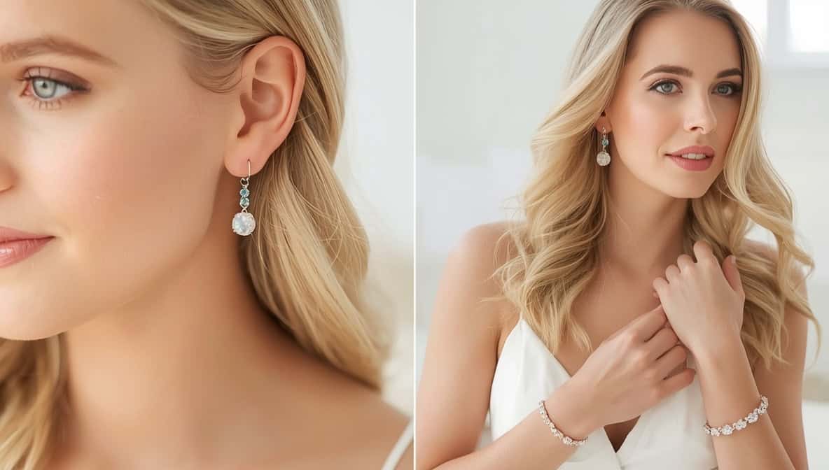 Blonde Braut mit zartem Edelsteinschmuck in Blau und Rosa zum weißen Brautkleid