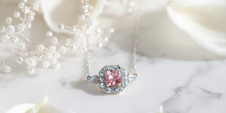 Farbige Edelsteine im Brautschmuck – zartes Collier mit Rosenquarz und Aquamarin