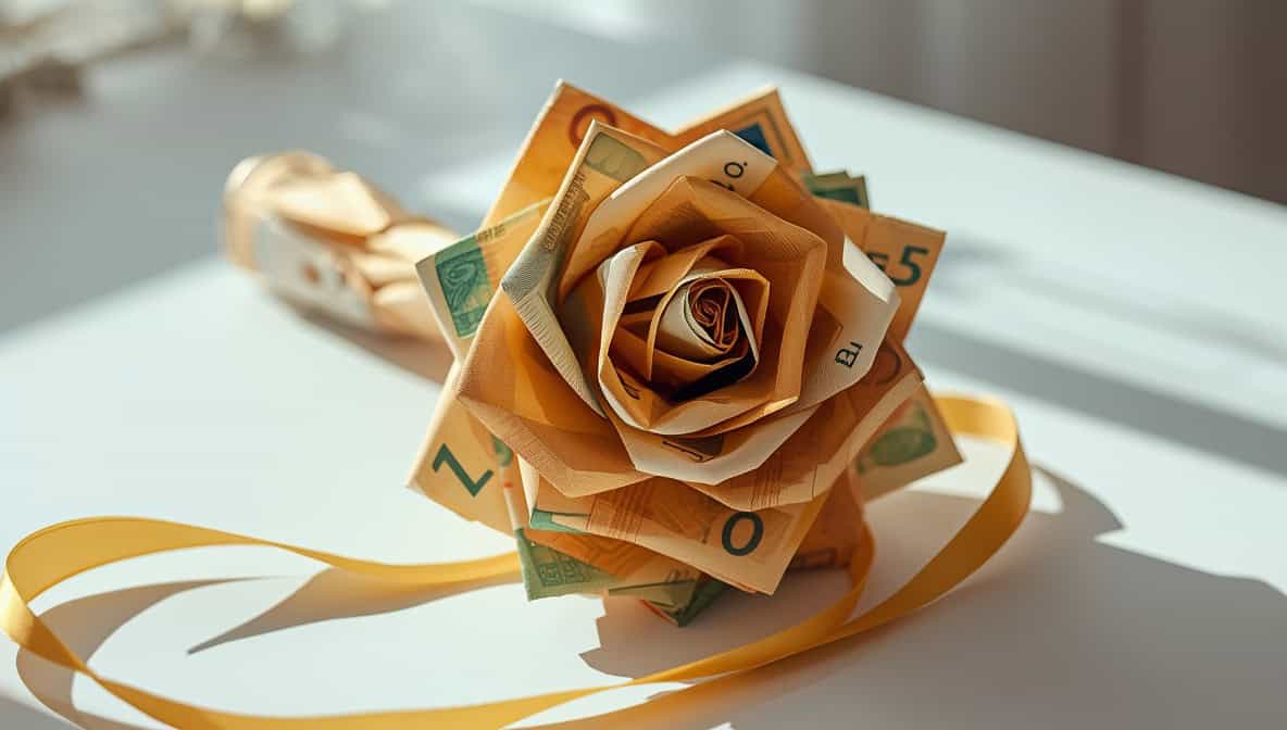 Geldscheine zu Blumen gefaltet als kreatives Hochzeitsgeschenk