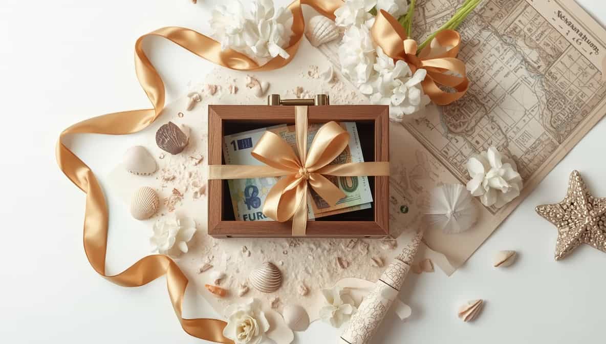 Themendose als Hochzeitsgeschenk – Schatzkiste mit Geldscheinen, Muscheln und Landkarte
