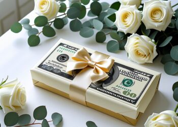 Geldgeschenk zur Hochzeit schön verpacken mit weißen Rosen und goldenem Band
