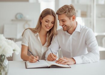 Mann und Frau schreiben gemeinsam in ein Journal und planen ihre Lebensziele