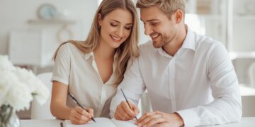 Mann und Frau schreiben gemeinsam in ein Journal und planen ihre Lebensziele
