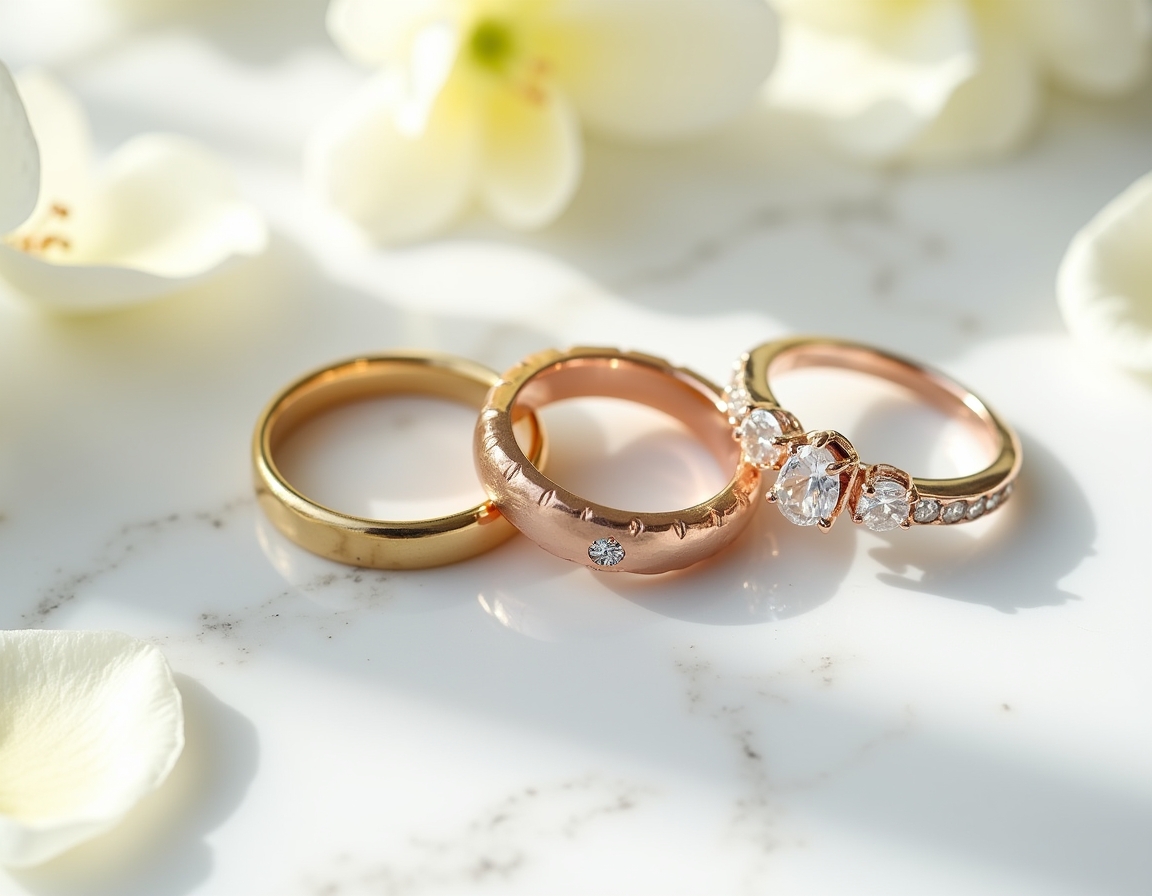 Drei elegante Brautringe in Gelbgold, Roségold und Weißgold nebeneinander auf weißem Marmor