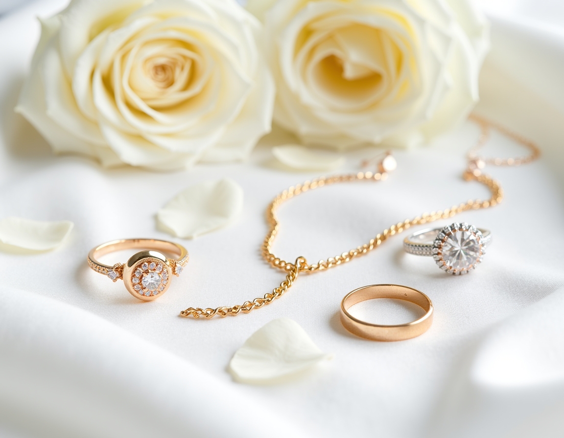 Brautschmuck in Gelbgold, Roségold und Weißgold – Flat-Lay auf weißem Satin Brautschmuck in Gelbgold, Roségold und Weißgold – Flat-Lay auf weißem Satin