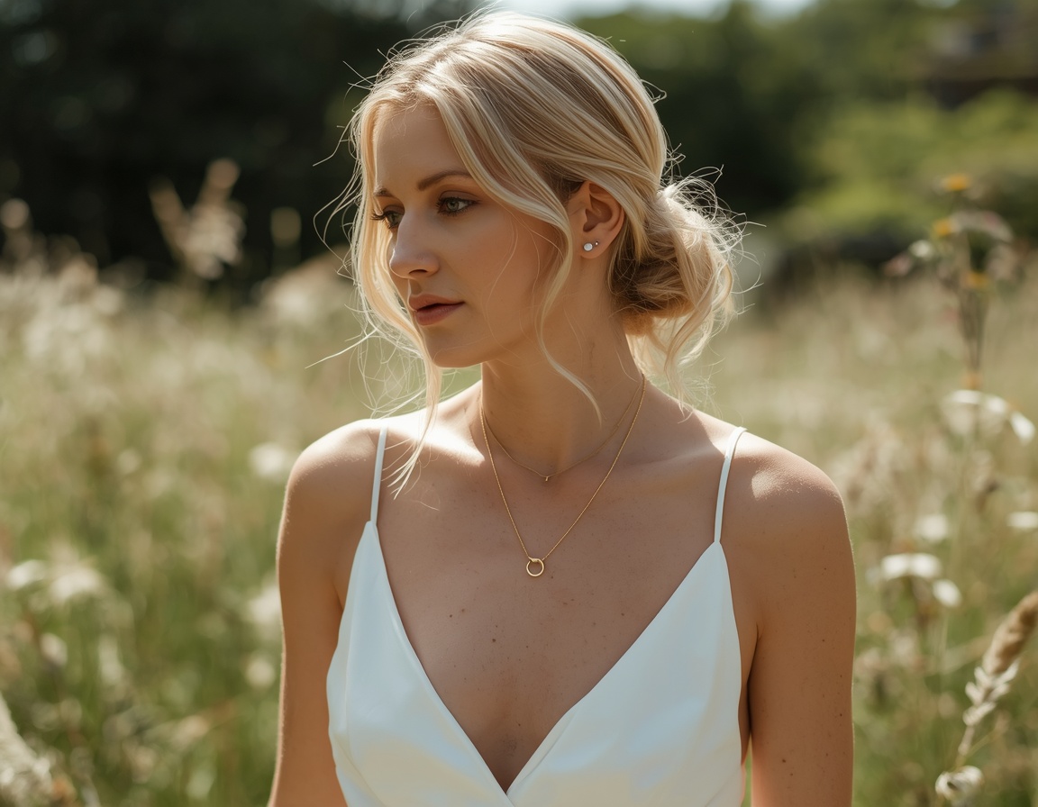 Blonde Braut trägt minimalistischen nachhaltigen Schmuck im sonnigen Garten mit Wildblumen