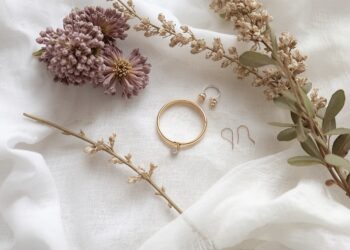 Nachhaltiger Brautschmuck Flat-Lay mit recyceltem Gold, Natursteinen und Trockenblumen