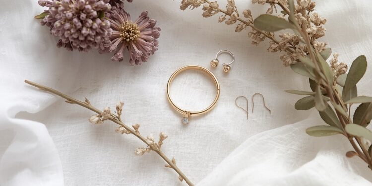 Nachhaltiger Brautschmuck Flat-Lay mit recyceltem Gold, Natursteinen und Trockenblumen