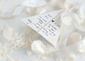 Papierflieger mit Liebesbotschaft auf weißem Tisch mit Rosenblüten zur Hochzeit
