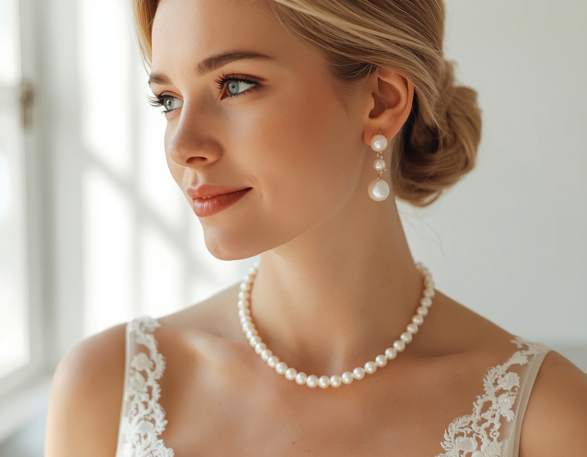 Blonde Braut trägt klassische Perlenkette und Perlen-Ohrringe zum Spitzenhochzeitskleid