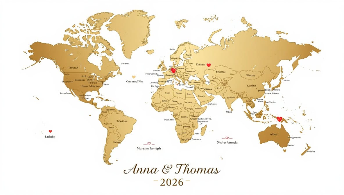 Personalisierte Weltkarte mit Hochzeitsmotiv, deutschen Namen und Jahr 2026