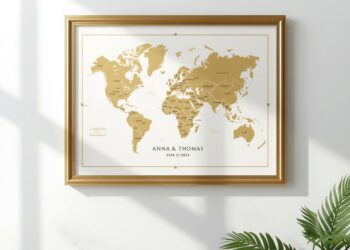 Personalisierte Weltkarte mit deutschen Namen als Hochzeitsgeschenk im goldenen Rahmen