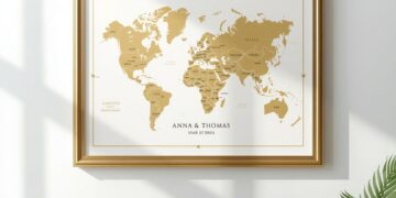 Personalisierte Weltkarte mit deutschen Namen als Hochzeitsgeschenk im goldenen Rahmen