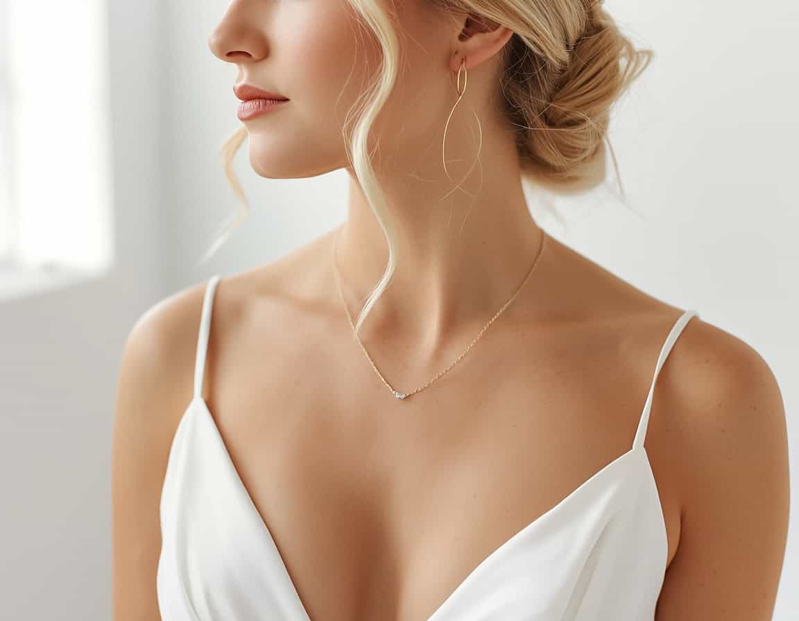 Blonde Braut mit puristischem Schmuck – einzelne Kette und kleine Ohrstecker