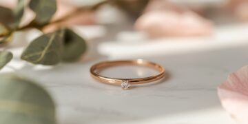 Puristischer Brautring in Roségold mit einzelnem Diamanten und Rosenblüten