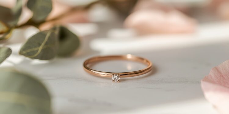 Puristischer Brautring in Roségold mit einzelnem Diamanten und Rosenblüten