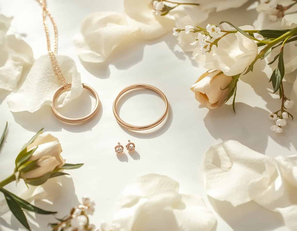 Minimalistisches Brautschmuck-Set in Roségold mit Rosenblüten und Eukalyptus