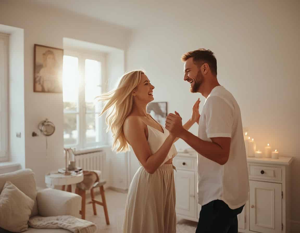 Paar tanzt ausgelassen und lachend im Wohnzimmer als spontanes Abendritual