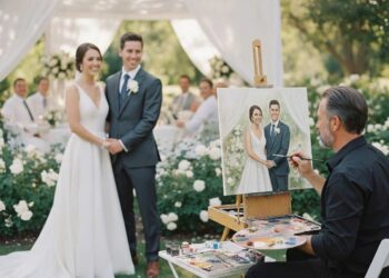 Live-Maler malt das Hochzeitpaar während der Hochzeit