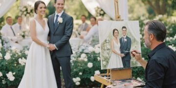 Live-Maler malt das Hochzeitpaar während der Hochzeit