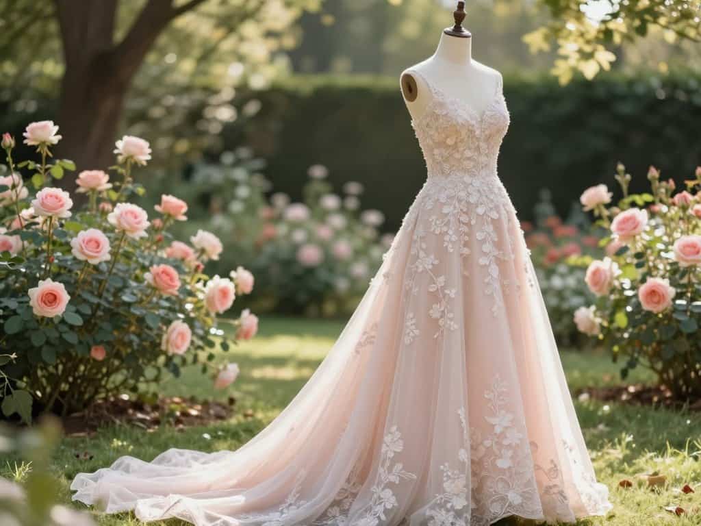 Brautkleid in Blush mit verschiedenen Stoffen