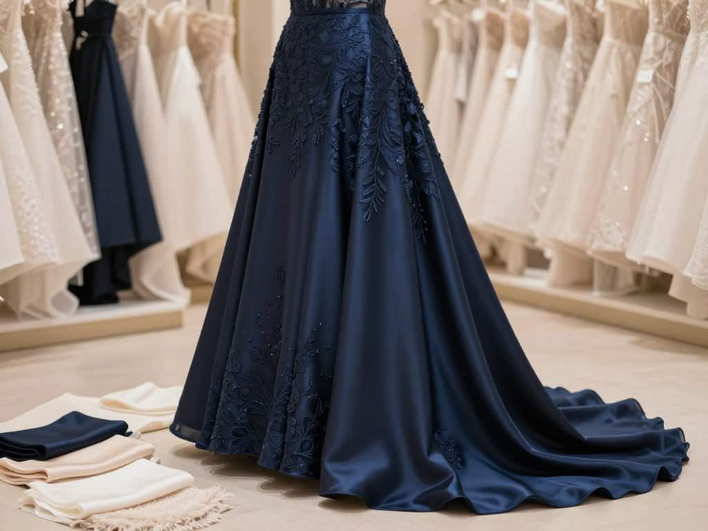 Hochwertige Stoffe für das dunkelblaue Brautkleid