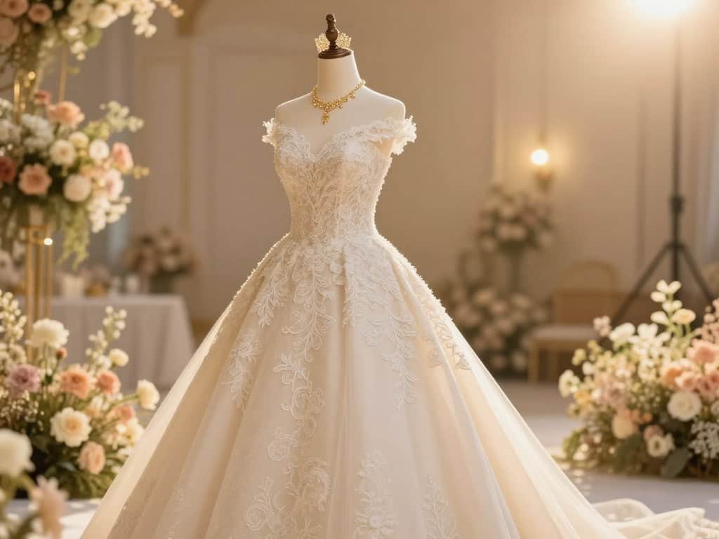 Goldene Accessoires zum cremefarbenen Hochzeitskleid