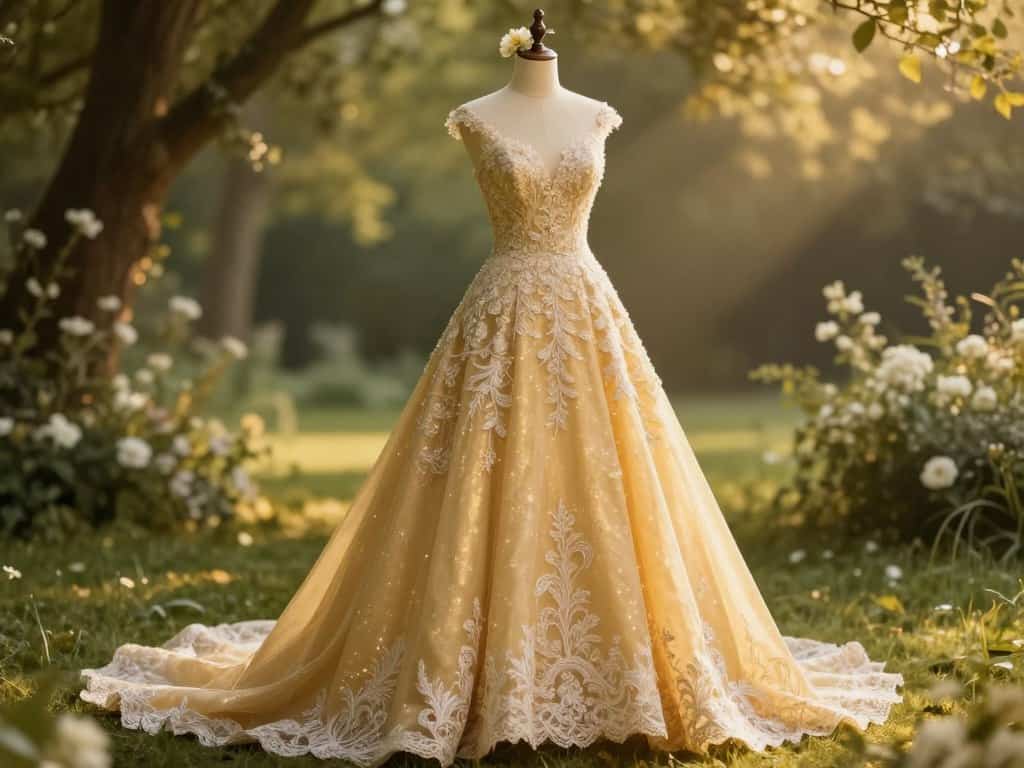 Goldfarbenes Hochzeitskleid im Kerzenlicht
