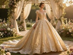 Mehr über den Artikel erfahren Goldfarbenes Hochzeitskleid: Strahlender Glamour für eine unvergessliche Feier