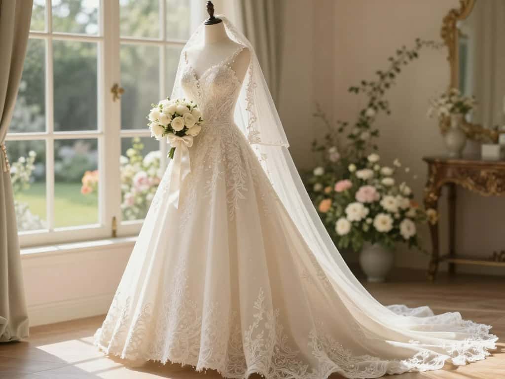 Ivory Hochzeitskleid mit abgestimmten Accessoires