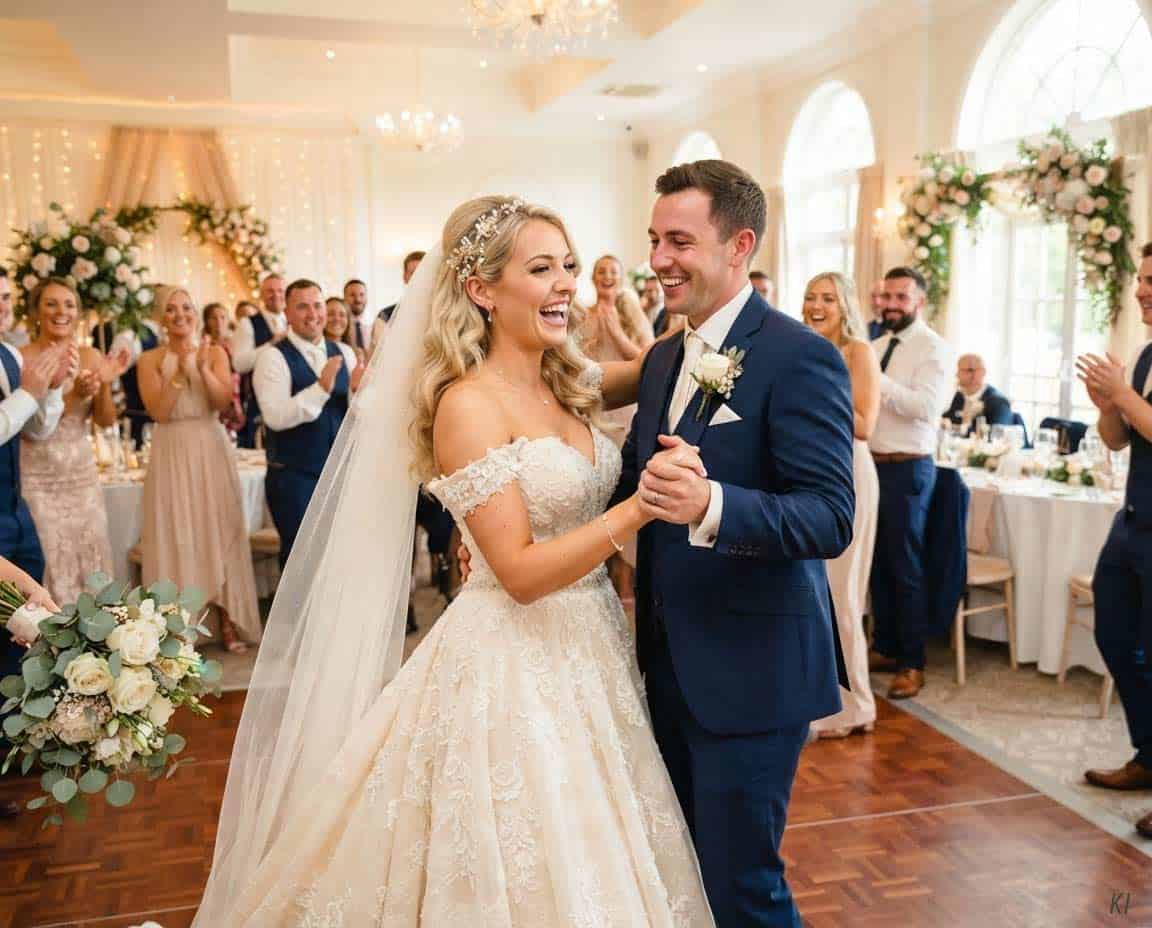 Brautpaar mit ein cremefarbenes Hochzeitskleid Brautpaar mit ein cremefarbenes Hochzeitskleid