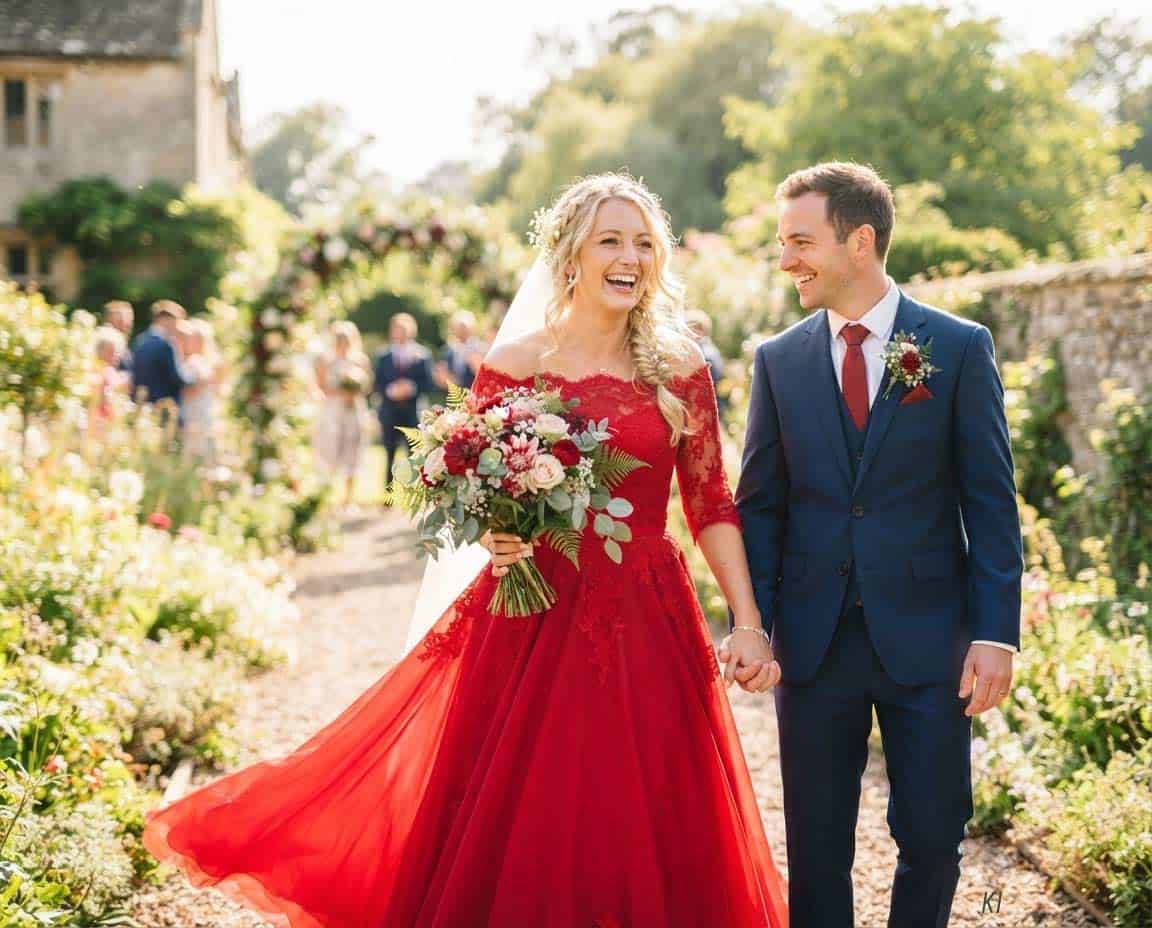 Brautpaar wo die Braut ein rotes Hochzeitskleid trägt Brautpaar wo die Braut ein rotes Hochzeitskleid trägt