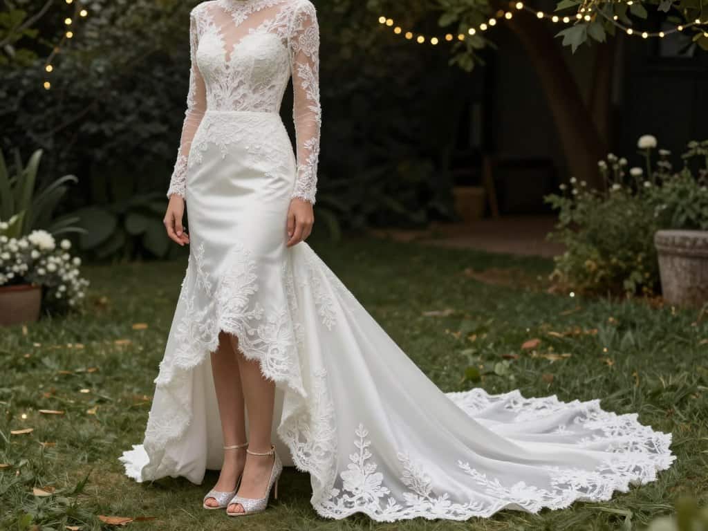 Vokuhila Hochzeitskleid mit stilvollen Schuhen